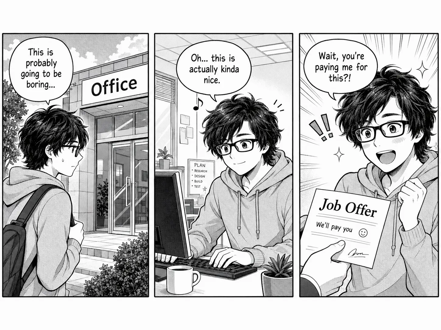 A modern office workspace with a laptop and dual monitors